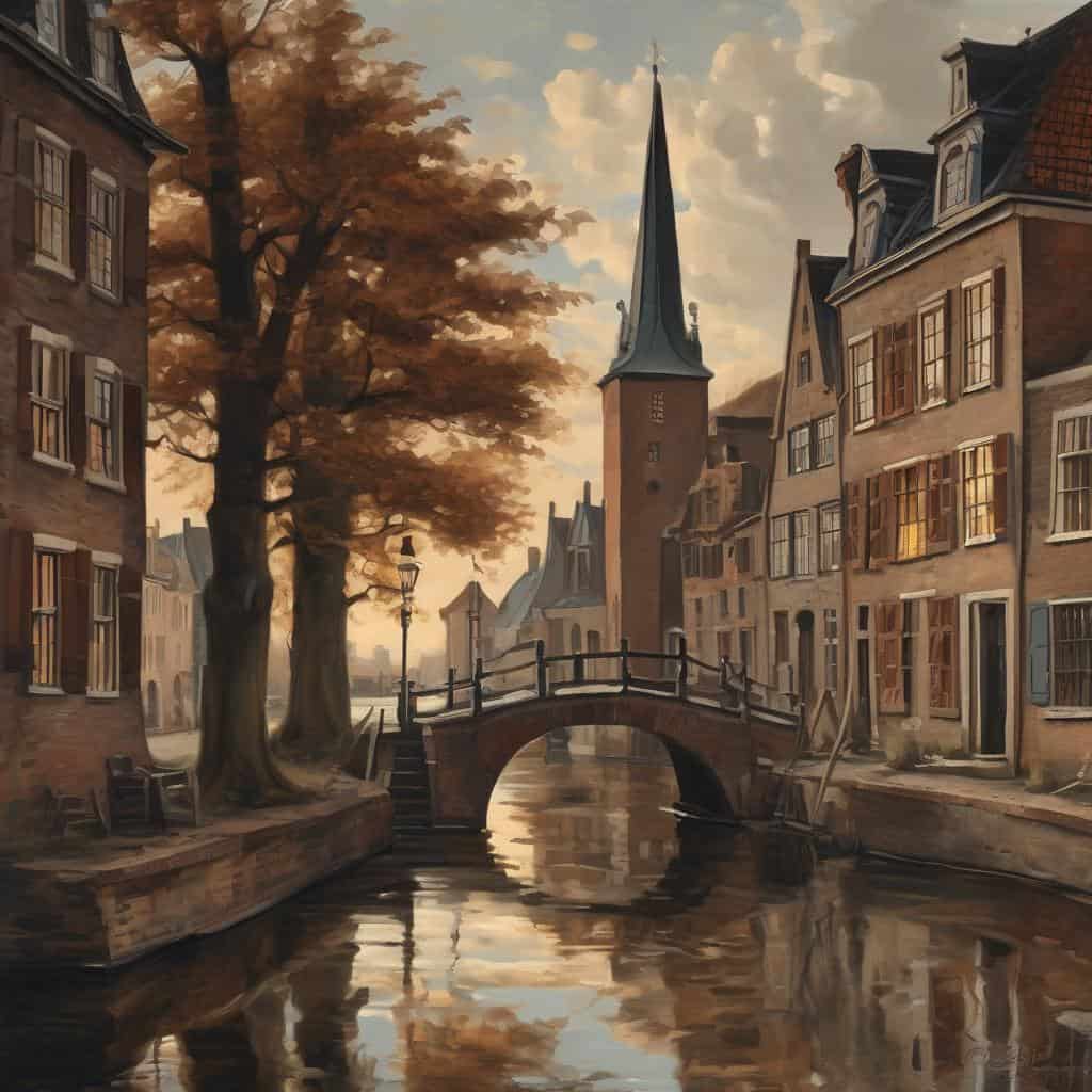 Ιστορική πόλη με κανάλι, βάσεις και αιωνόβια δέντρα, αποχρώσεις φθινοπώρου, ήρεμη ατμόσφαιρα, ευρωπαϊκή αρχιτεκτονική, ανατολή ή δύση.