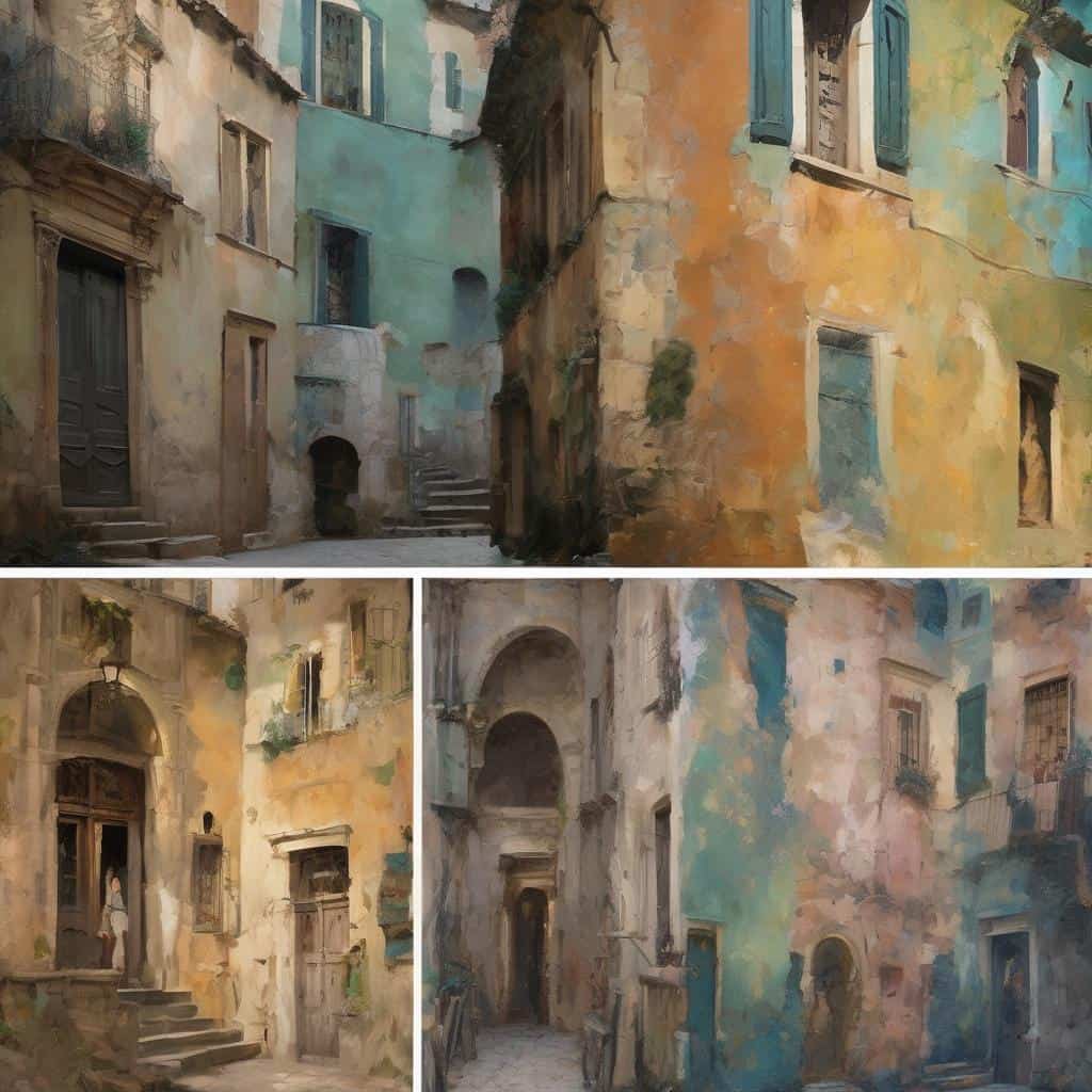 μικρό σοκάκι με χρωματιστά κτίρια, τέχνη ζωγραφικής, καλλιτέχνες που επηρέασαν την τέχνη, μεσαιωνική ατμόσφαιρα, γοητευτικό τοπίο.