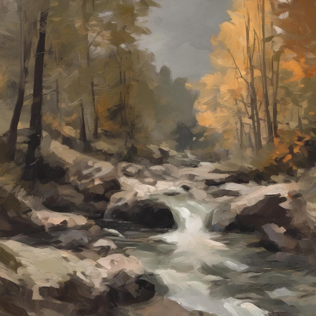 ρομαντικό τοπίο ποταμού σε φθινοπωρινό δάσος, πεσμένα φθινοπωρινά φύλλα, ζωγραφική σε ελαιογραφία, τέχνη που επηρέασε την τέχνη.
