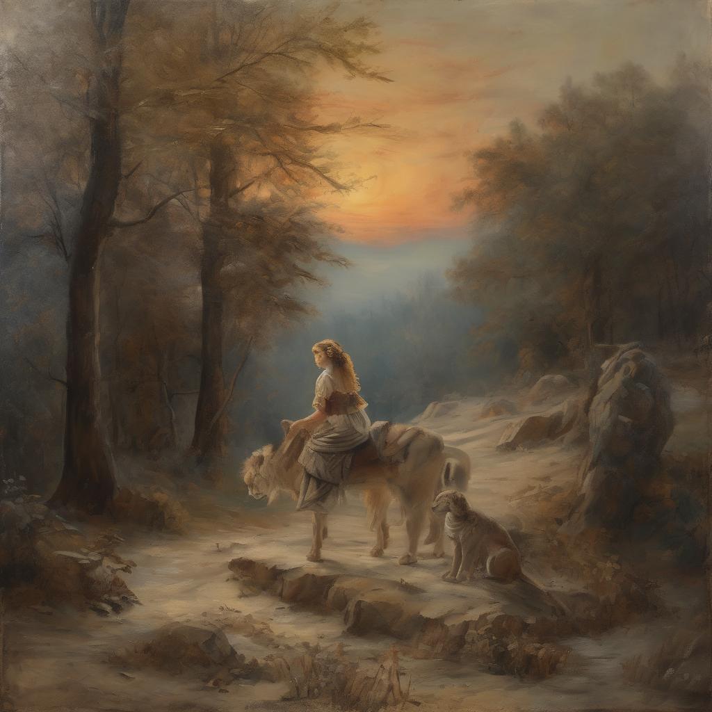 Ονειρική γυναίκα με σκύλους σε ειδυλλιακή φύση, εμπνευσμένη από καλλιτέχνες που επηρέασαν την τέχνη.