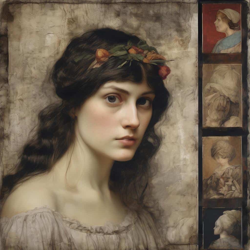 Γραφείο μορφήσματος νεαρής γυναίκας με φλογοστενές κοραλλιάδες, εμπνευσμένο από τους καλλιτέχνες που επηρέασαν την τέχνη.