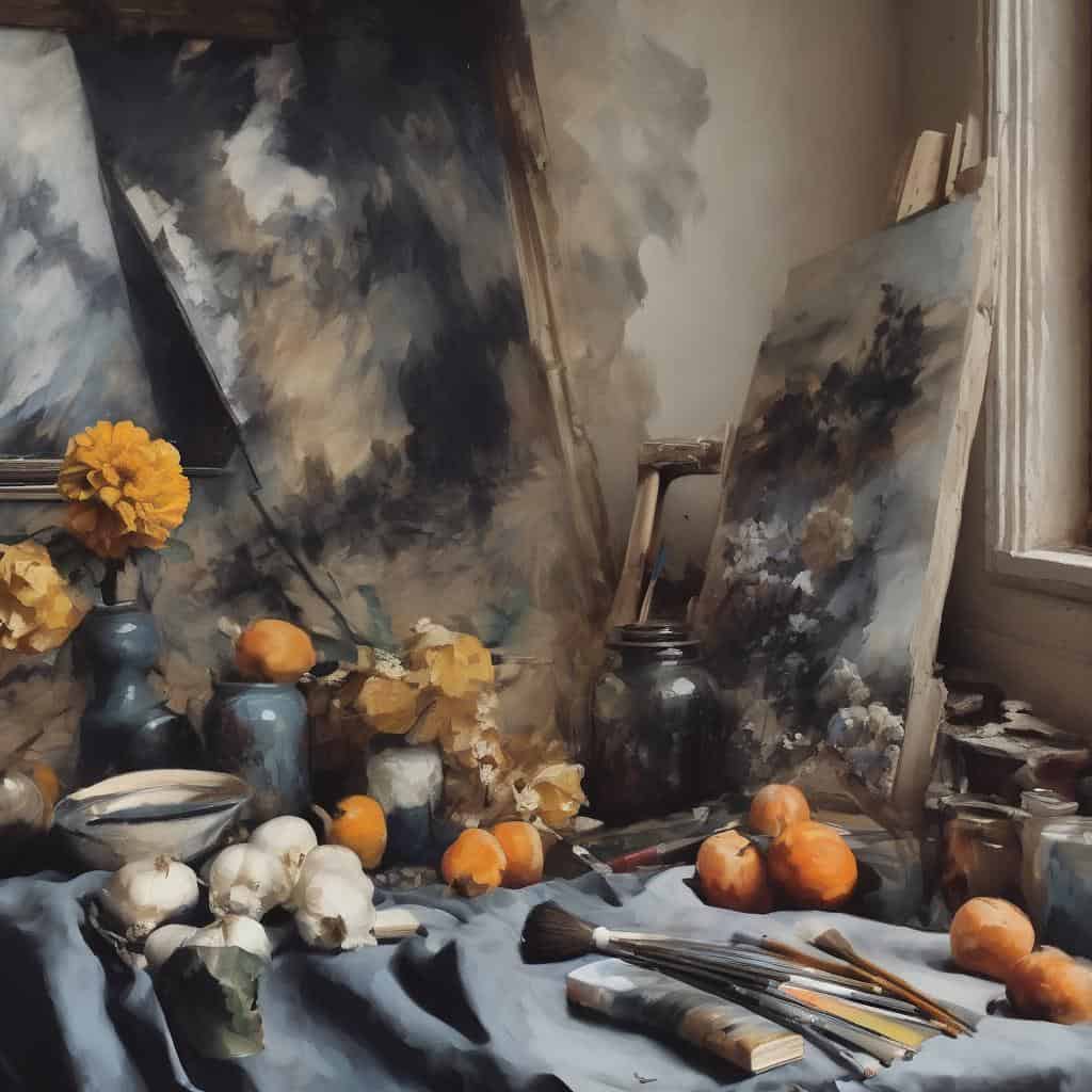 Ζωγραφικό έργο με φθορές, πινέλα και εκθέματα εμπνευσμένα από καλλιτέχνες που επηρέασαν την τέχνη.