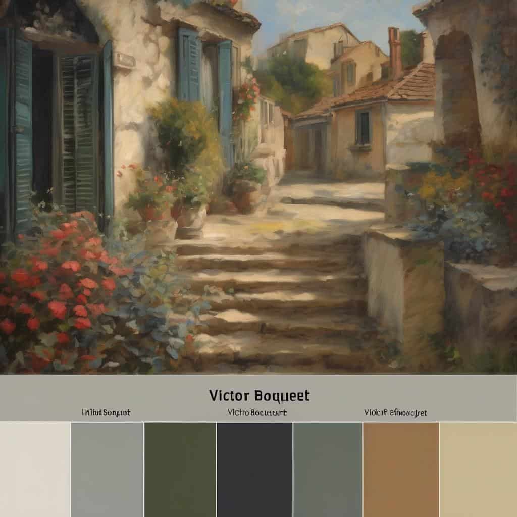 Ζωγραφική σκηνή αγροικίας με λουλούδια και παλιά κτήρια σε ήρεμο περιβάλλον, εμπνευσμένο από τον Βίκτορ Μποκεέ.