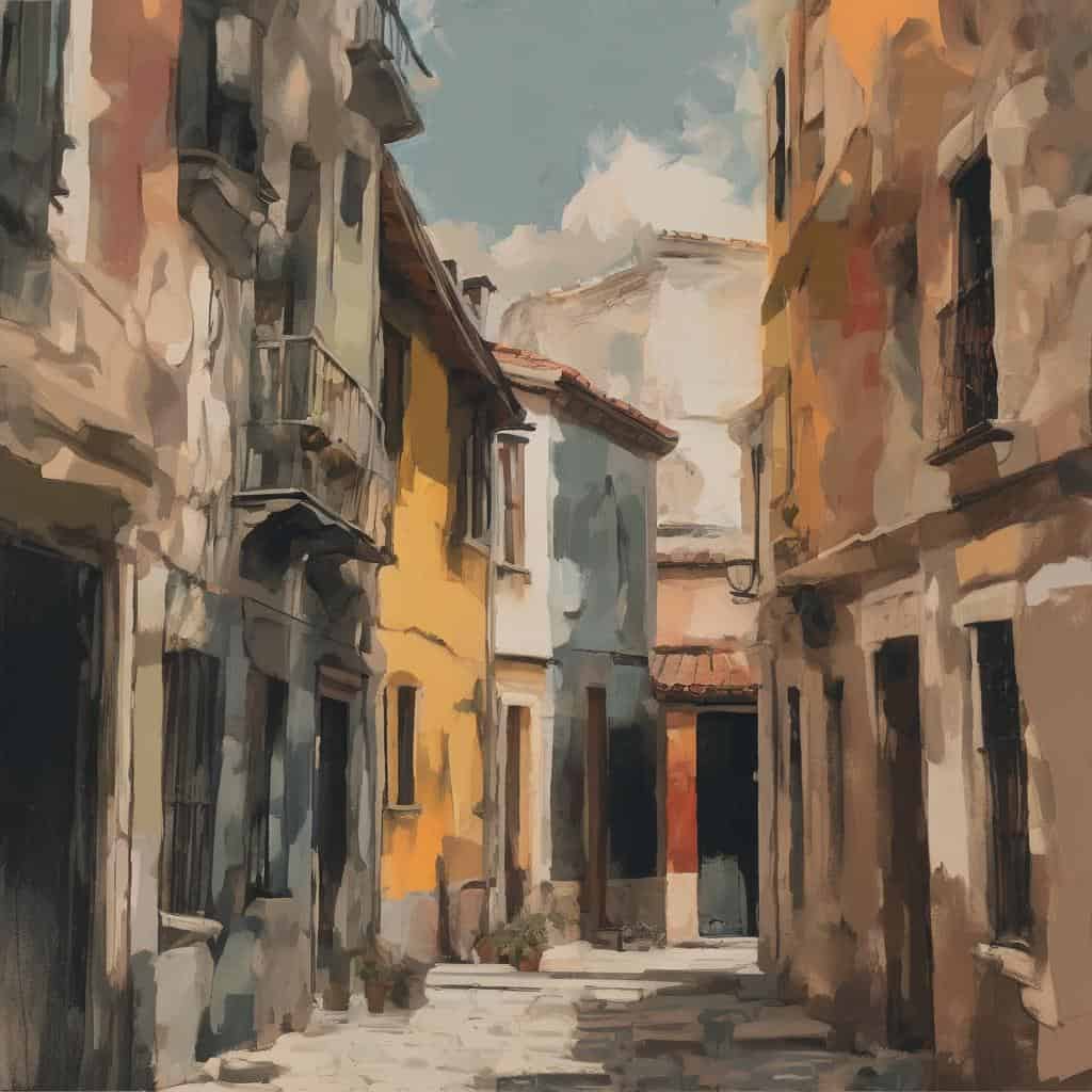 Παραδοσιακός δρόμος στην Ελλάδα με ζωγραφική αισθητική, επηρεασμένοι από καλλιτέχνες που άφησαν το αποτύπωμά τους στην τέχνη.